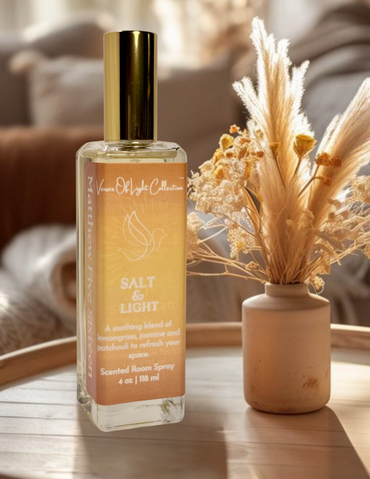 Crafted by a scripture-inspired ministry, the Salt & Light room spray from the Verses of Light Collection blends premium fragrance oils with gentle misting power to refresh your space with encouragement, peace, and faith-filled aroma.
