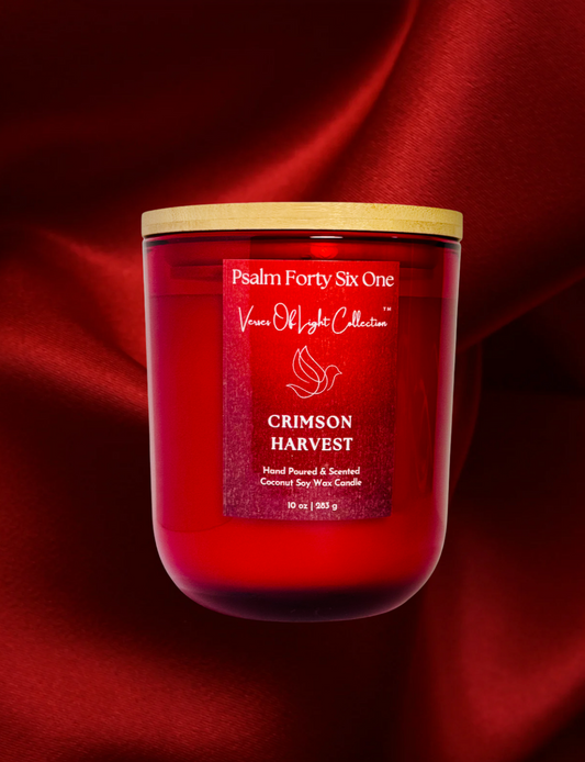 The Crimson Harvest wickless candle from the Verses of Light Collection features a scripture label and a premium coconut soy wax blend, releasing a warm, faith-filled glow under a candle warmer lamp—crafted to inspire prayer, reflection, and spiritual peace.