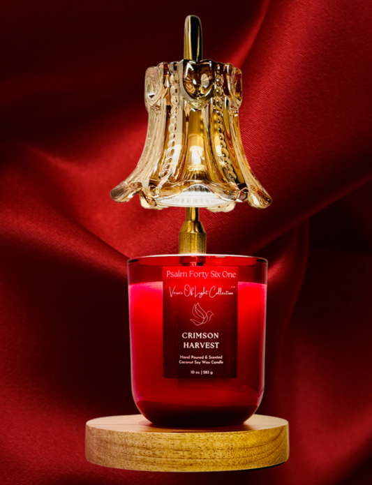 The Crimson Harvest wickless candle from the Verses of Light Collection features a scripture label and a premium coconut soy wax blend, releasing a warm, faith-filled glow under a candle warmer lamp—crafted to inspire prayer, reflection, and spiritual peace.