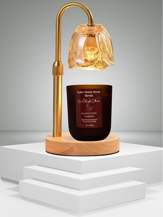 Illuminated Garden wickless candle with scripture label, coconut soy wax blend, and warm glow under candle warmer lamp—faith-based home fragrance for prayer and reflection.