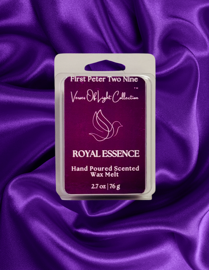 Crafted by a scripture-inspired ministry, the Royal Essence wax melt from the Verses of Light Collection blends premium coconut soy wax with fragrant oils to gently fill your space with encouragement, peace, and faith-filled aroma.