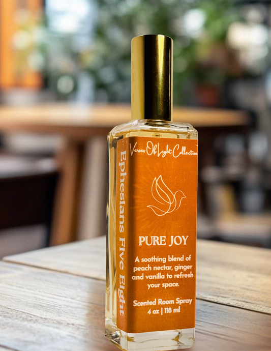 Crafted by a scripture-inspired ministry, the Pure Joy room spray from the Verses of Light Collection blends premium fragrance oils with gentle misting power to refresh your space with encouragement, peace, and faith-filled aroma.