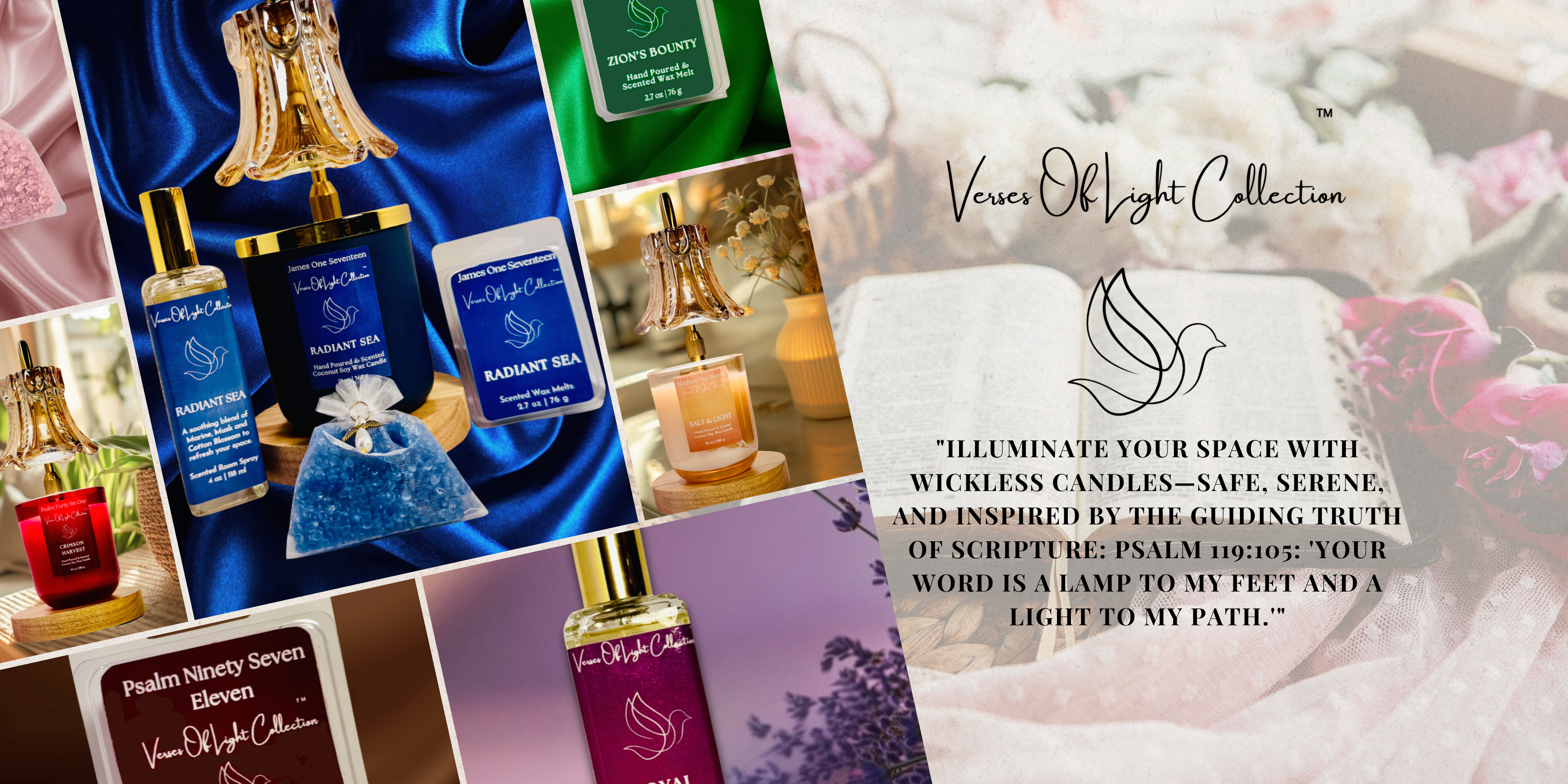Verses of Light Collection—scripture-inspired wickless candle, wax melts, room sprays, and aroma bead sachets crafted with premium quality ingredients and fragrance oils for a faith-filled home atmosphere.