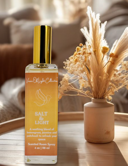 Crafted by a scripture-inspired ministry, the Salt & Light room spray from the Verses of Light Collection blends premium fragrance oils with gentle misting power to refresh your space with encouragement, peace, and faith-filled aroma.
