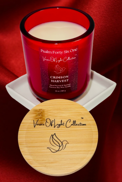 The Verses Of Light Collection, Crimson Harvest wickless candle with scripture label, coconut soy wax blend, and warm glow under candle warmer lamp—faith-based home fragrance for prayer and reflection. 
