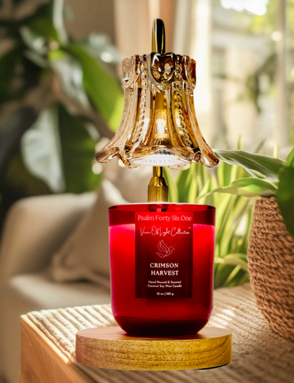 The Crimson Harvest wickless candle from the Verses of Light Collection features a scripture label and a premium coconut soy wax blend, releasing a warm, faith-filled glow under a candle warmer lamp—crafted to inspire prayer, reflection, and spiritual peace.