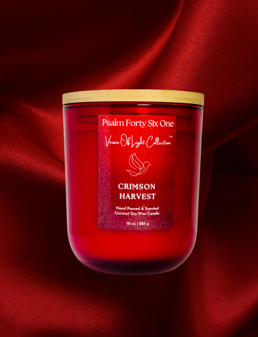 The Crimson Harvest wickless candle from the Verses of Light Collection features a scripture label and a premium coconut soy wax blend, releasing a warm, faith-filled glow under a candle warmer lamp—crafted to inspire prayer, reflection, and spiritual peace.