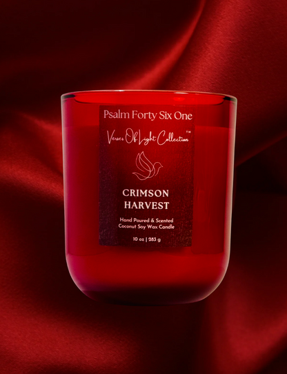 The Crimson Harvest wickless candle from the Verses of Light Collection features a scripture label and a premium coconut soy wax blend, releasing a warm, faith-filled glow under a candle warmer lamp—crafted to inspire prayer, reflection, and spiritual peace.
