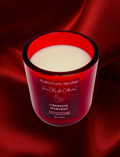 The Verses Of Light Collection, Crimson Harvest wickless candle with scripture label, coconut soy wax blend, and warm glow under candle warmer lamp—faith-based home fragrance for prayer and reflection. 