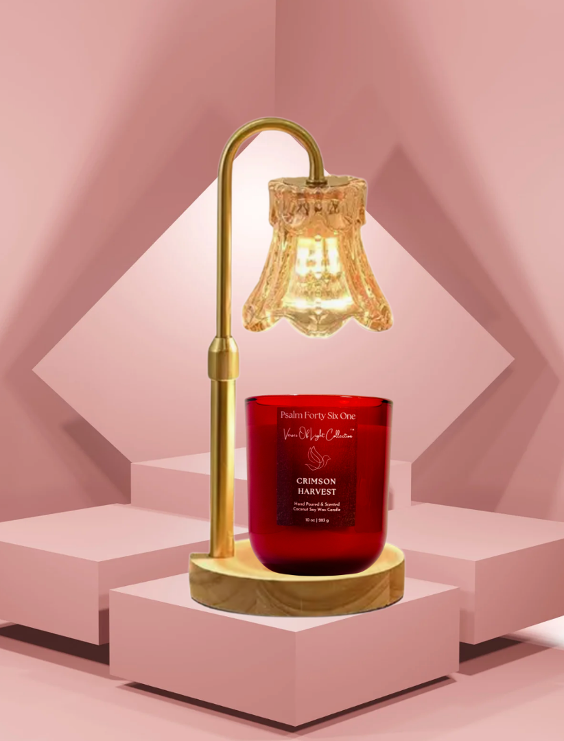 Crimson Harvest wickless candle with scripture label, coconut soy wax blend, and warm glow under candle warmer lamp—faith-based home fragrance for prayer and reflection.