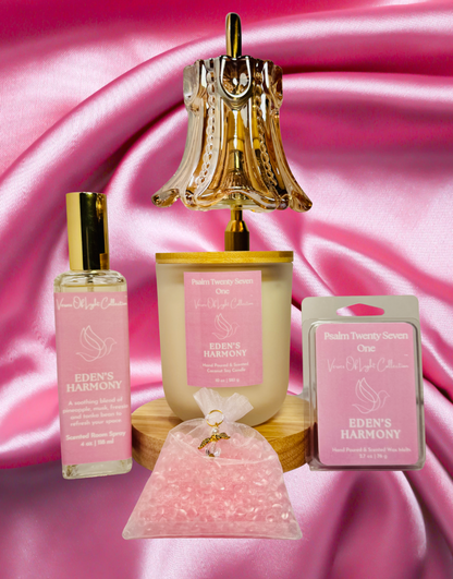 Faith-inspired Eden’s Harmony Set featuring coconut soy wax blend wickless candle with scripture label, wax melt, room spray, and aroma bead sachet—crafted to create a peaceful, prayerful atmosphere under a candle warmer lamp.