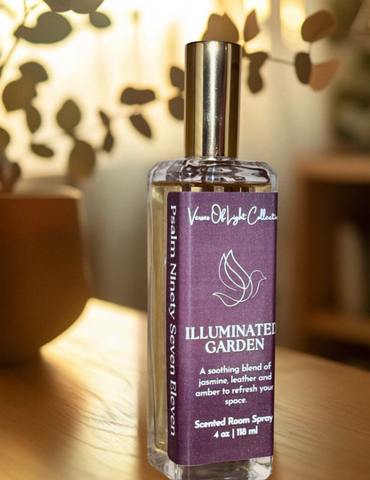 Crafted by a scripture-inspired ministry, the Illuminated Garden room spray from the Verses of Light Collection blends premium fragrance oils with gentle misting power to refresh your space with encouragement, peace, and faith-filled aroma.