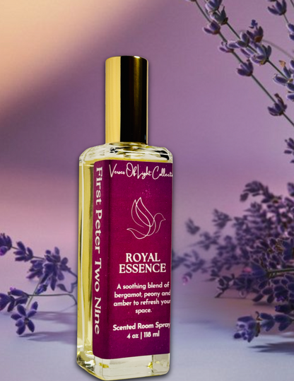 Crafted by a scripture-inspired ministry, the Royal Essence room spray from the Verses of Light Collection blends premium fragrance oils with gentle misting power to refresh your space with encouragement, peace, and faith-filled aroma.