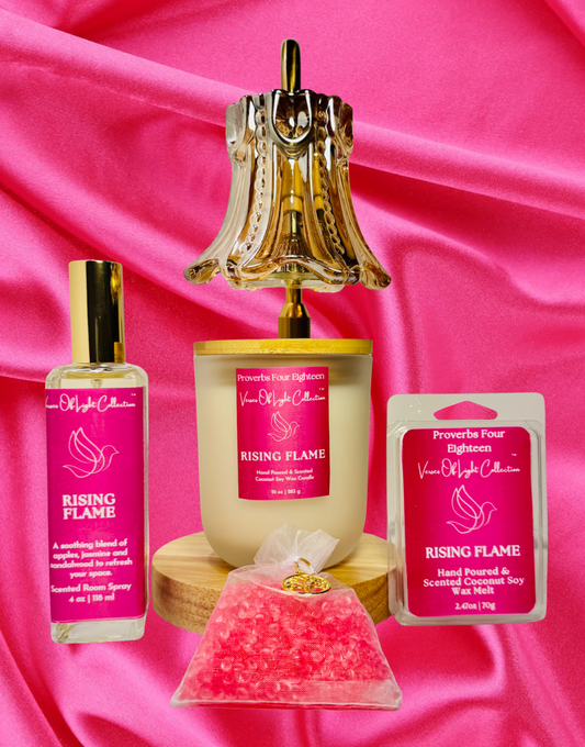 Faith-inspired Rising Flame Set featuring coconut soy wax blend wickless candle with scripture label, , wax melt, room spray, and aroma bead sachet—crafted to create a peaceful, prayerful atmosphere under a candle warmer lamp.