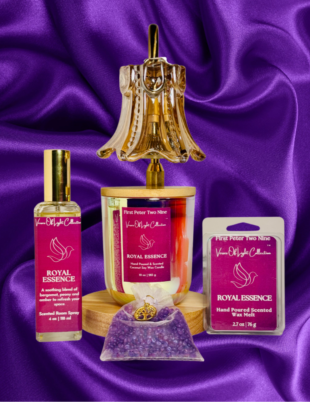 Faith-inspired Royal Essence Set featuring coconut soy wax blend wickless candle with scripture label, , wax melt, room spray, and aroma bead sachet—crafted to create a peaceful, prayerful atmosphere under a candle warmer lamp.