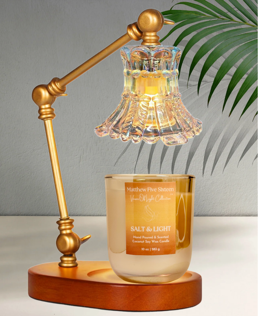 Salt & Light wickless candle with scripture label, coconut soy wax blend, and warm glow under candle warmer lamp—faith-based home fragrance for prayer and reflection.