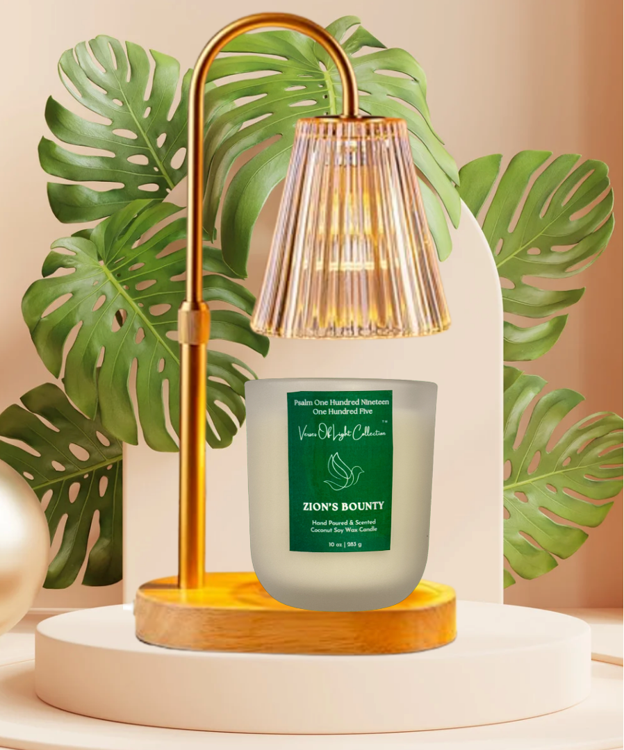 Zion's Bounty wickless candle with scripture label, coconut soy wax blend, and warm glow under candle warmer lamp—faith-based home fragrance for prayer and reflection.